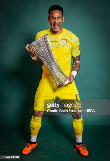 Alphonse Areola of West Ham United poses for a photograph with the UEFA Europa Conference League trophy after the UEFA Europa Conference League...
