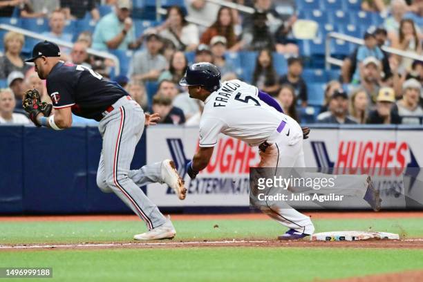 Wander Franco of the Tampa Bay Rays looks to score after a throwing error by Griffin Jax of the Minnesota Twins in the sixth inning at Tropicana...