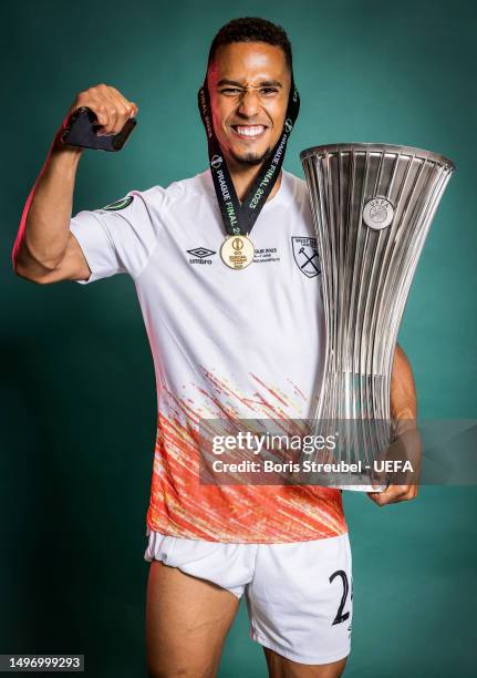 Thilo Kehrer of West Ham United poses for a photograph with the UEFA Europa Conference League trophy after the UEFA Europa Conference League 2022/23...