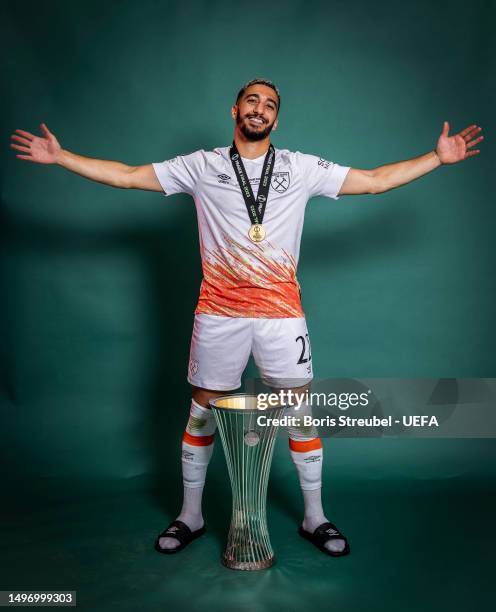 Said Benrahma of West Ham United poses for a photograph with the UEFA Europa Conference League trophy after the UEFA Europa Conference League 2022/23...