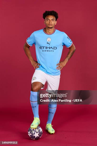 Manuel Akanji poses for a portrait during a Manchester City FC UEFA Champions League finalists access day at Manchester City Football Academy on June...