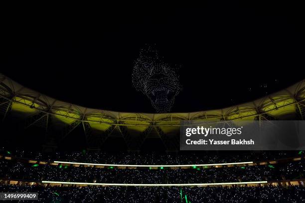 General view of the inside of the stadium as a Drone Display takes place prior to the Karim Benzema Official Reception event at King Abdullah Sports...