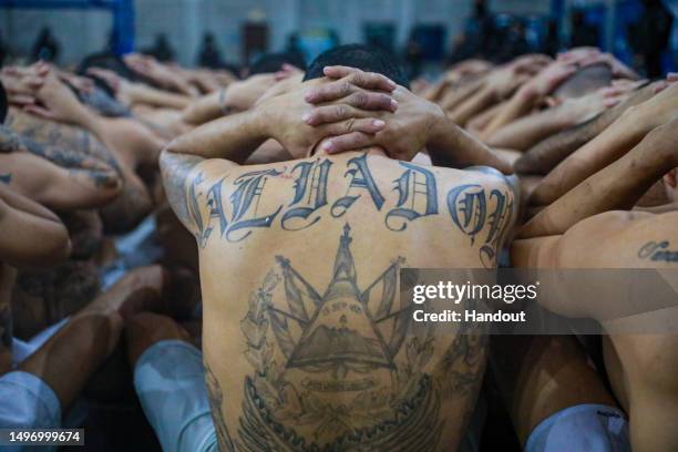 Inmates during a Police inspection at Mariona Prison where gang members serve their sentences as part of Bukele's plan to combat crime on June 07,...