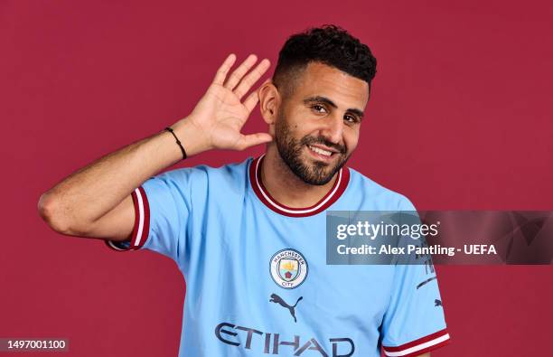 Riyad Mahrez poses for a portrait during a Manchester City FC UEFA Champions League finalists access day at Manchester City Football Academy on June...