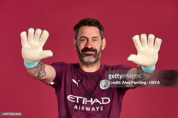 Scott Carson poses for a portrait during a Manchester City FC UEFA Champions League finalists access day at Manchester City Football Academy on June...