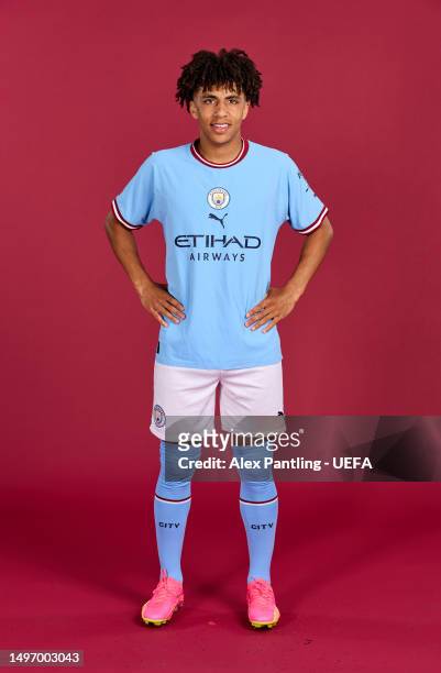 Rico Lewis poses for a portrait during a Manchester City FC UEFA Champions League finalists access day at Manchester City Football Academy on June...