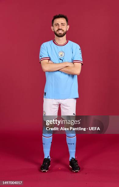 Bernardo Silva poses for a portrait during a Manchester City FC UEFA Champions League finalists access day at Manchester City Football Academy on...