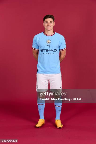 Julian Alvarez poses for a portrait during a Manchester City FC UEFA Champions League finalists access day at Manchester City Football Academy on...