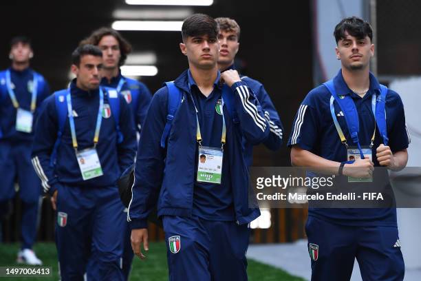 Gabriele Guarino and Giuseppe Ambrosino of Italy arrives to the Estadio La Plata prior the FIFA U-20 World Cup Argentina 2023 Semi Finals match...