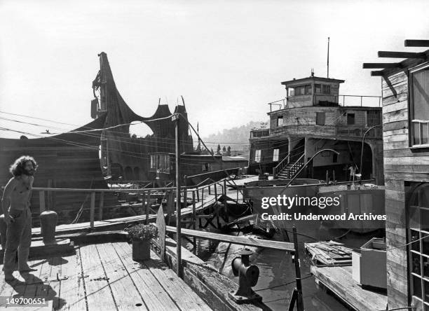 View of part of the houseboat community, Sausalito, California, late 1960s.