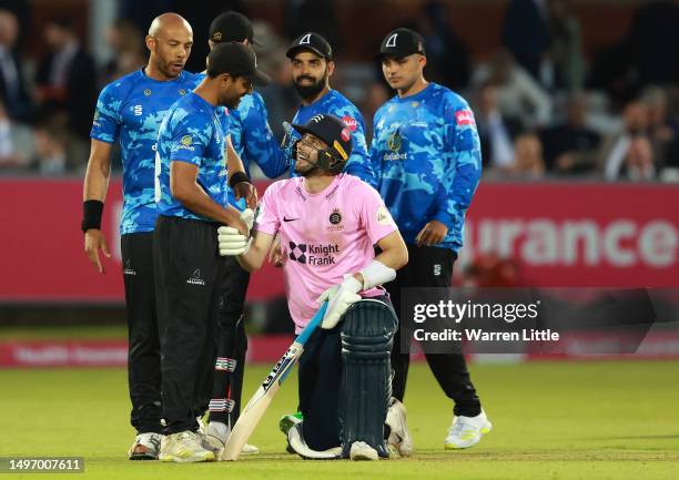 Stephen Eskinazi, Captain of Middlesex shakes hands with Ravi Bopara, Captain of Sussex after Sussex win the Vitality Blast T20 match between...