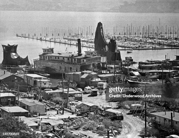 View of part of the houseboat community, Sausalito, California, late 1960s.