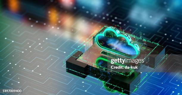 cloud computing and technologies background. transforming industries and customer service. a look into the future. futuristic cloud icon over cpu. cgi 3d render - cloud security stock pictures, royalty-free photos & images