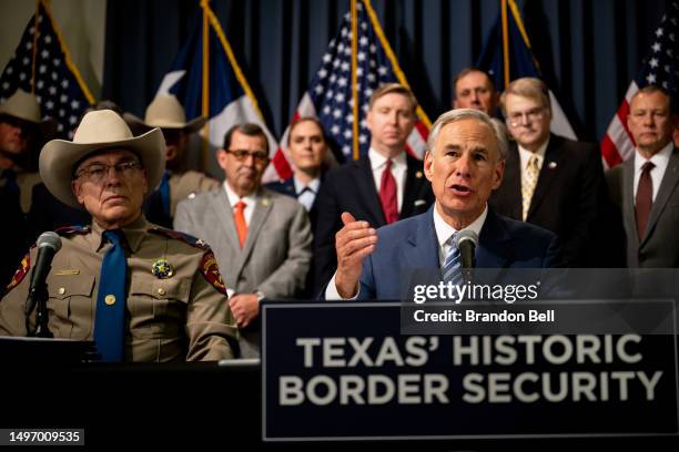 Texas Gov. Greg Abbott speaks alongside Texas Department of Public Safety Director Steve McCraw and elected officials during a news conference on...