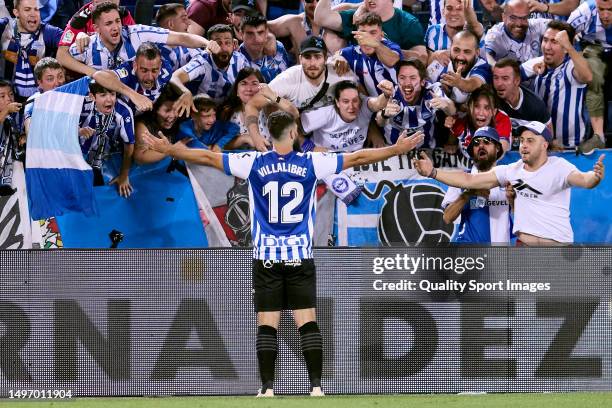 Asier Villalibre of Deportivo Alaves celebrates after scoring his team's second goal during the Liga Smartbank Play Off Semi Final Second Leg between...