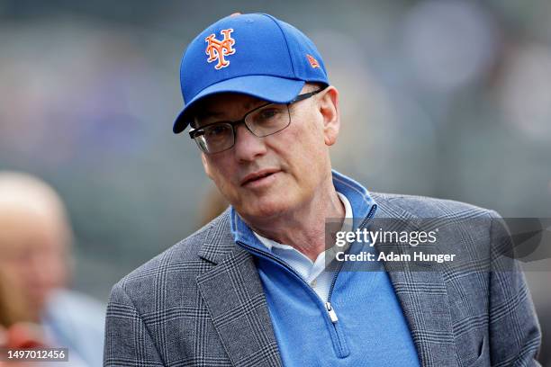 Steve Cohen owner of the New York Mets on the field before a game against the Toronto Blue Jays at Citi Field on June 3, 2023 in the Queens borough...