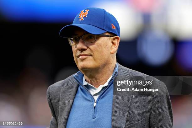 Steve Cohen owner of the New York Mets on the field before a game against the Toronto Blue Jays at Citi Field on June 3, 2023 in the Queens borough...