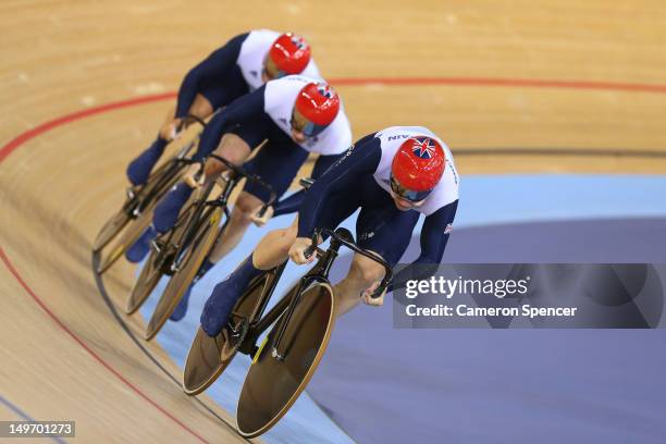 Philip Hindes , Jason Kenny and Sir Chris Hoy of Great Britain compete in the Men's Team Sprint Track Cycling Final on Day 6 of the London 2012...