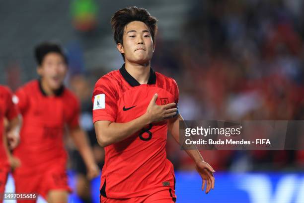 Lee Seungwon of Korea Republic celebrates after scoring the team's first goal during the FIFA U-20 World Cup Argentina 2023 Semi Finals match between...