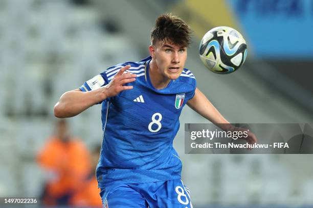 Cesare Casadei of Italy heads the ball during the FIFA U-20 World Cup Argentina 2023 Semi Finals match between Italy and Korea Republic at Estadio La...