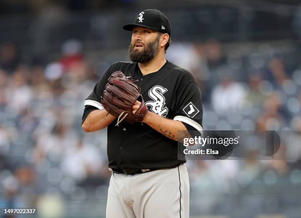 Lance Lynn of the Chicago White Sox reacts in the second inning against the New York Yankees during game one of a double header at Yankee Stadium on...