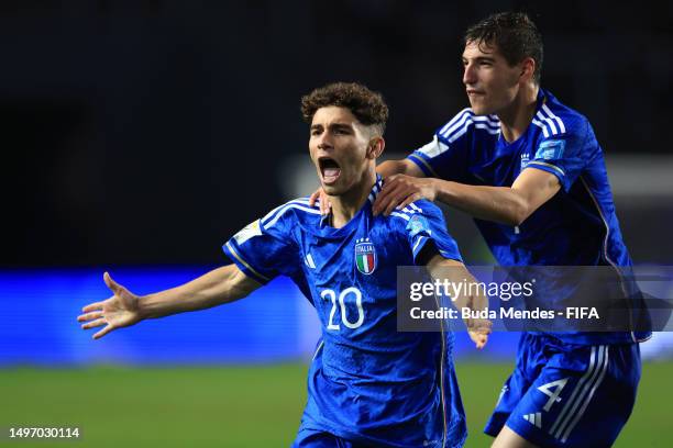 Simone Pafundi of Italy celebrates after scoring the team's second goal during the FIFA U-20 World Cup Argentina 2023 Semi Finals match between Italy...