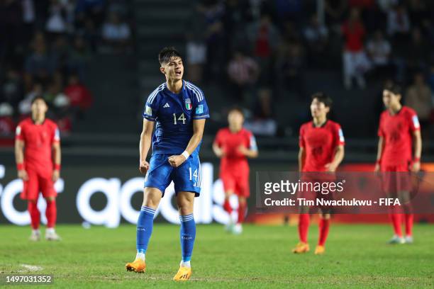 Gabriele Guarino of Italy celebrate following the team's victory in the FIFA U-20 World Cup Argentina 2023 Semi Finals match between Italy and Korea...