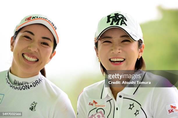 Ritsuko Ryu of Japan and Bo-Mee Lee of South Korea smile on the 10th tee during the second round of Ai Miyazato Suntory Ladies Open Golf Tournament...