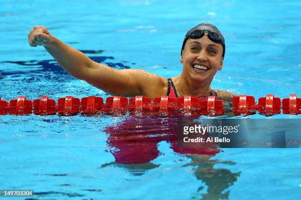 Rebecca Soni of the United States celebrates after setting a new world record time of 2:19.59 in the Women's 200m Breaststroke Final on Day 6 of the...
