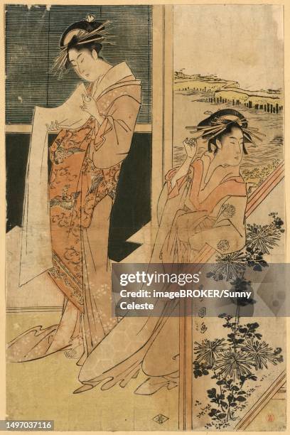 prostitution, brothel in sanya, the print shows two courtesans standing, one leaning against a railing, looking to the right, the other with a scroll in her hand, reading, 1794, japan, historic, digitally restored reproduction from a 19th century original - sanya stock illustrations