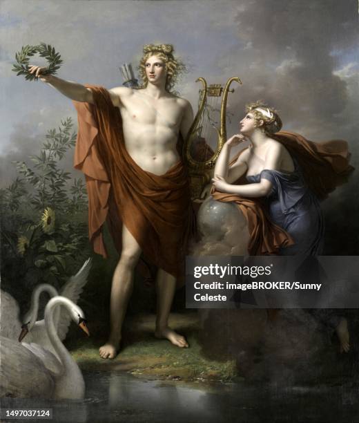 illustrations, cliparts, dessins animés et icônes de apollo, god of light, eloquence, poetry and the fine arts with urania, muse of astronomy, 1798, painting by charles meynier, c. 1830, france, historic, digitally restored reproduction from a 19th century original - greek god apollo