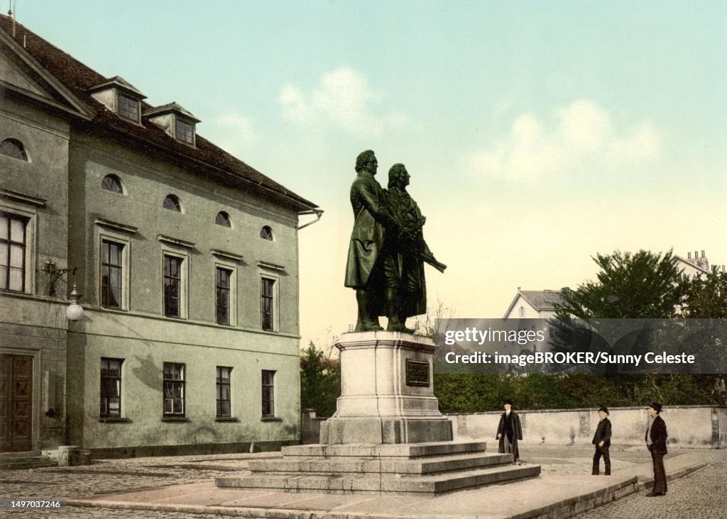 Schiller and Goethe Monument in Weimar, Thuringia, Germany, Historical, digitally restored reproduction of a photochrome print from the 1890s