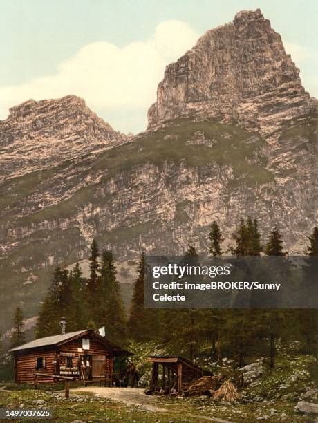 angerhuette and hockwanner, hinterraintal, upper bavaria, bavaria, germany, historic, digitally restored reproduction of a photochrome print from the 1890s - オルタナティブプロセス点のイラスト素材／クリップアート素材／マンガ素材／アイコン素材