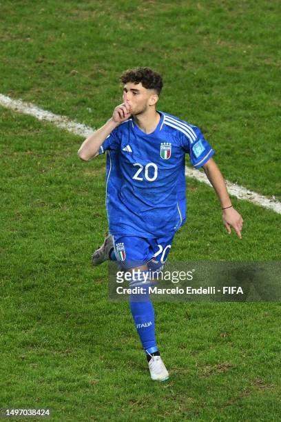 Simone Pafundi of Italy celebrates after scoring the team's second goal during the FIFA U-20 World Cup Argentina 2023 Semi Finals match between Italy...