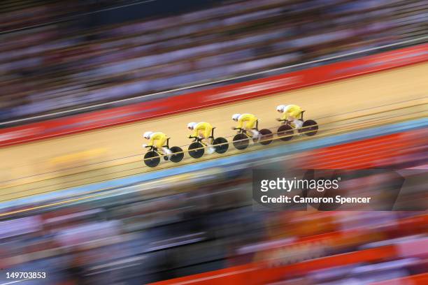 Jack Bobridge, Glenn O'Shea, Rohan Dennis, and Michael Hepburn of Australia during Men's Team Pursuit Track Cycling Qualifying on Day 6 of the London...