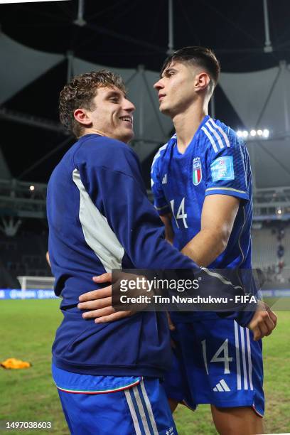 Tommaso Baldanzi and Gabriele Guarino of Italy celebrate following the team's victory in the FIFA U-20 World Cup Argentina 2023 Semi Finals match...