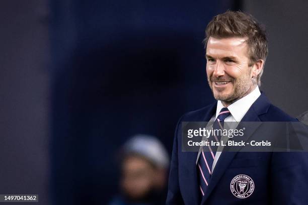David Beckham Owner of Inter Miami CF and former LA Galaxy player watches his team warm up on the pitch before the start of the Major League Soccer...