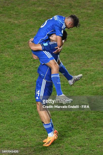 Alessandro Fontanarosa and Gabriele Guarino of Italy celebrate following the team's victory during the FIFA U-20 World Cup Argentina 2023 Semi Finals...