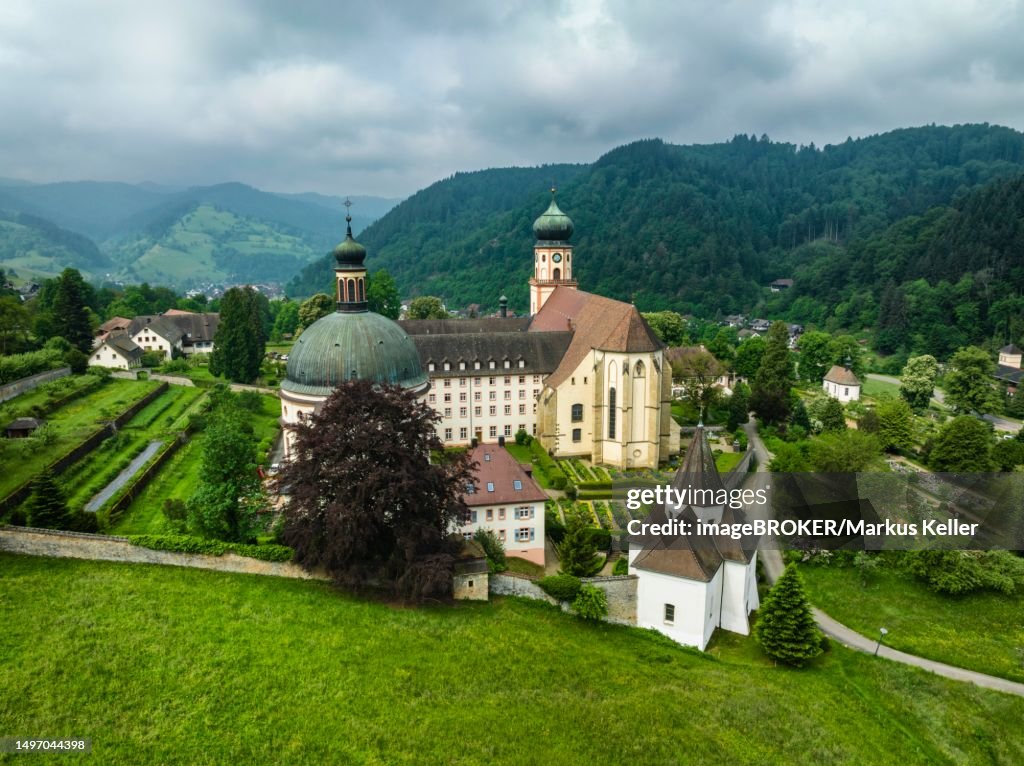 Aerial view of the monastery of Sankt Trudpert, former Benedictine monastery, Muenstertal, Black Forest, Baden-Wuerttemberg, Germany