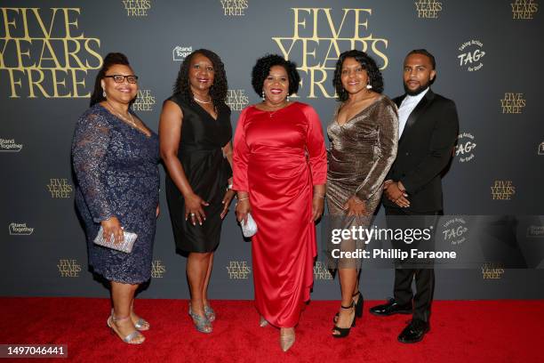 Catina Johnson, Patricia Taylor, Alice Marie Johnson, Dolores Hill and Derek Hill attend an event celebrating Alice Marie Johnson's 5 years of...