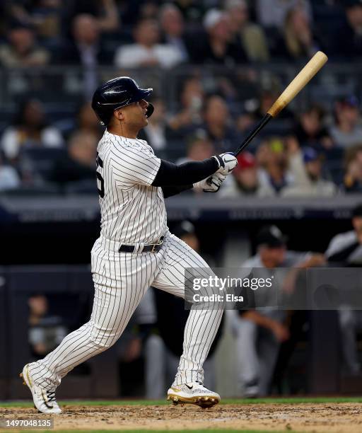 Gleyber Torres of the New York Yankees hits a two run home run in the fourth inning during game two of a double header against the Chicago White Sox...