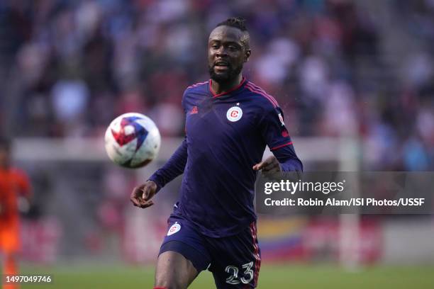 Kei Kamara of Chicago Fire dribbles the ball at SeatGeek Stadium on June 6, 2023 in Bridgeview, Illinois.