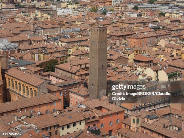 aerial view of the torre prendiparte tower in the city of bologna, italy - prendiparte stock pictures, royalty-free photos & images