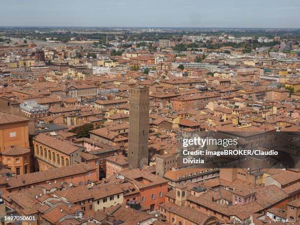 aerial view of the torre prendiparte tower in the city of bologna, italy - prendiparte stock pictures, royalty-free photos & images
