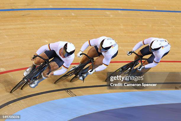 Rene Enders, Robert Forstemann, and Maximillian Levy compete in the Men's Team Sprint Track Cycling Bronze Medal final on Day 6 of the London 2012...