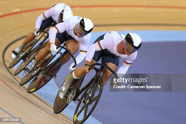 Rene Enders, Robert Forstemann, and Maximillian Levy compete in the Men's Team Sprint Track Cycling Bronze Medal final on Day 6 of the London 2012...