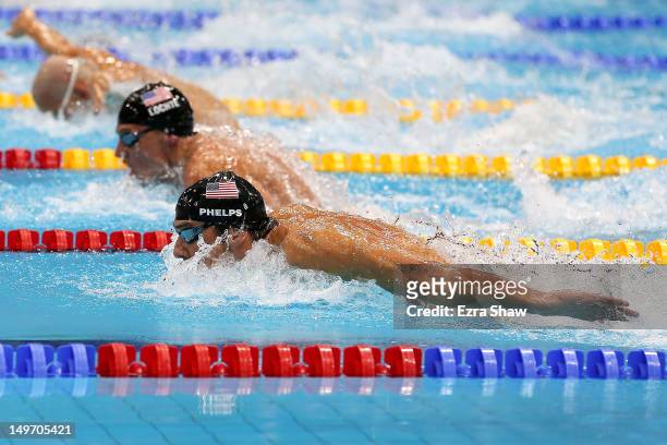 Michael Phelps of the United States and Ryan Lochte of the United States compete in the Men's 200m Individual Medley final on Day 6 of the London...