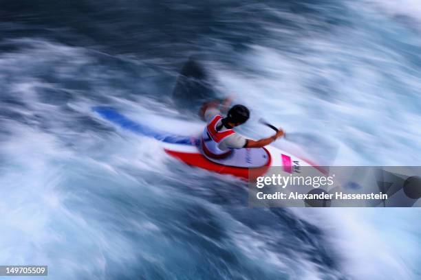 Emilie Fer of France wins the Gold medal Women's Kayak Single Slalom on Day 6 of the London 2012 Olympic Games at Lee Valley White Water Centre on...