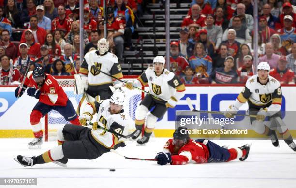 Ivan Barbashev of the Vegas Golden Knights draws a tripping penalty from Marc Staal of the Florida Panthers during the first period of Game Three of...