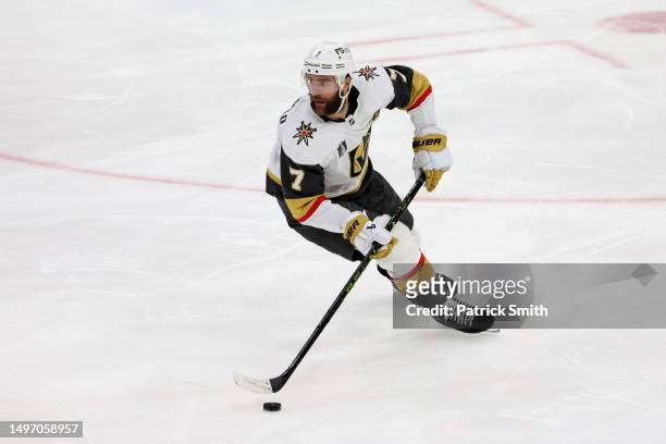 Alex Pietrangelo of the Vegas Golden Knights handles the puck against the Florida Panthers during the second period in Game Three of the 2023 NHL...